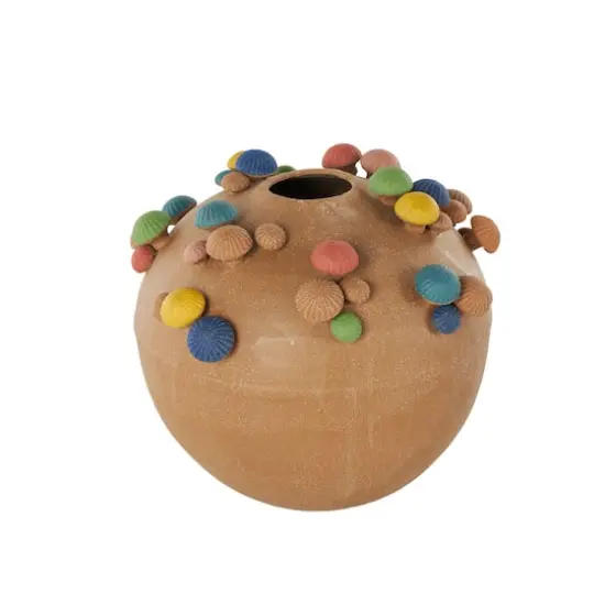 13" Brown Ceramic Round Wide Decorative Vase with Multicolor Mushroom Accents {3}