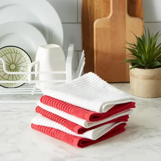 DII&reg; Ribbed Terry Dishcloths, 6ct. Tango Red/White {5}