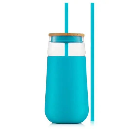 JoyJolt&reg; 20oz. Glass Tumbler with Straws & Silicone Sleeve Aqua {1}