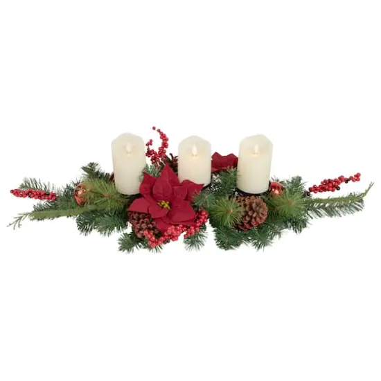 32" Artificial Mixed Pine Berries & Poinsettia Christmas Candle Holder Centerpiece {4}