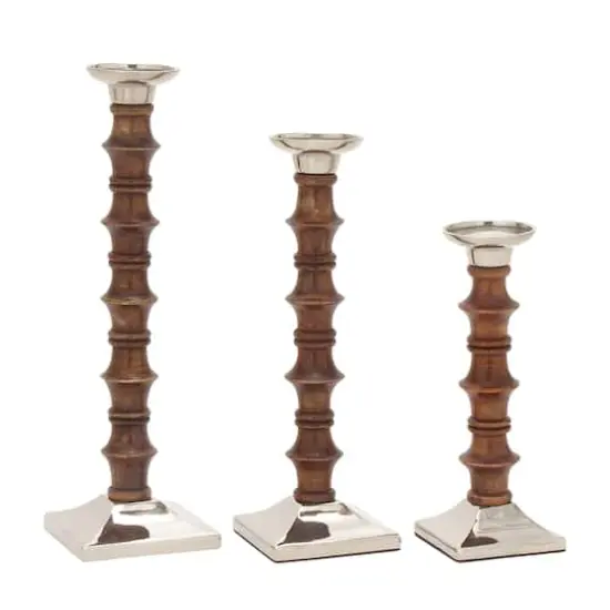 Brown Wood & Aluminum Pillar Candle Holder Set {5}