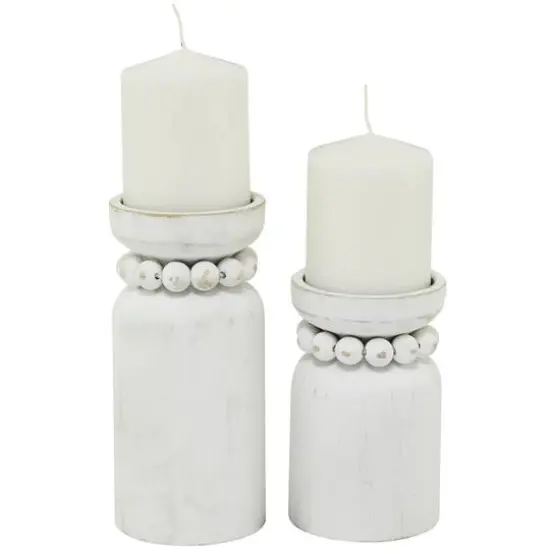 White Wood Beaded Pillar Candle Holder Set {1}