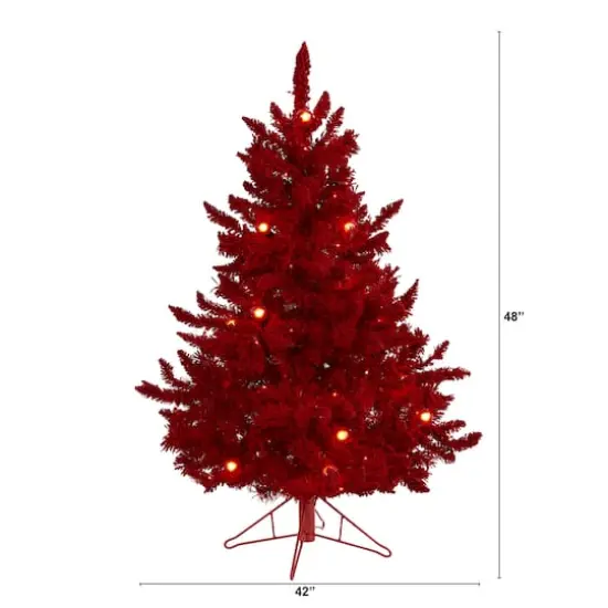4ft. Pre-Lit Red Flocked Fraser Fir Artificial Christmas Tree with Red Lights {3}