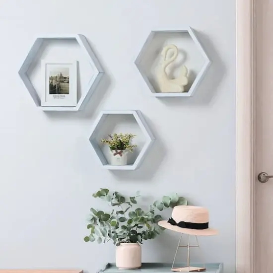 NEX™ Blue Whitewash Wall-Mounted Rustic Hexagon Honeycomb Hanging Shelf Set {6}