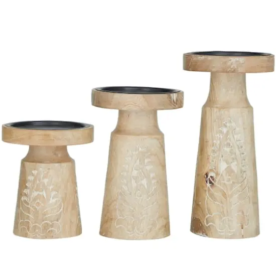 Mango Wood Round Carved Pillar Floral Candle Holder Set Light Brown {5}