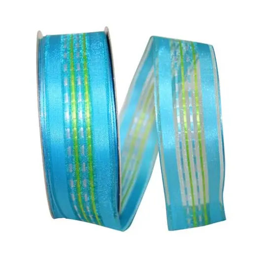 JAM Paper 1.5" x 50yd. Sheer Wired Ticking Stripe Value Ribbon Blue {2}