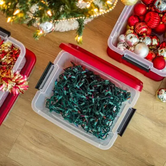 IRIS&reg; 20.5qt. Clear Holiday Storage Boxes with Red Buckle Lids, 4ct. {8}