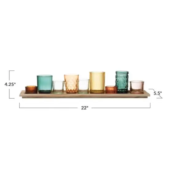 Hello Honey® Glass Votive Candle Holders & Wood Tray Set Green and Orange {5}