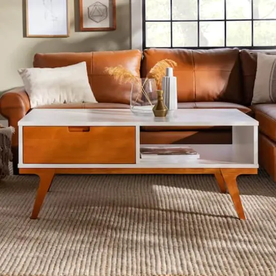 White & Caramel 1-Drawer Bridge Leg Solid Wood Coffee Table {5}