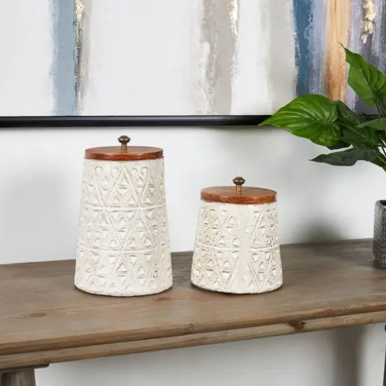 Cream Paper Mache Handmade Carved Triangle Tribal Canisters with Removable Lids Set {6}