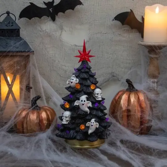 12" Black LED Lighted Skull & Ghost Halloween Tree {3}