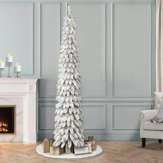 7ft. Pre-Lit Flocked Artificial Alpine Pencil Tree, Clear Lights {3}
