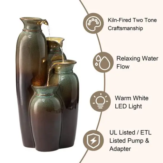Glitzhome&reg; 30.75" 4-Tier LED Reactive Glaze Ceramic Vase Outdoor Floor Fountain Olive Green and Brown {8}