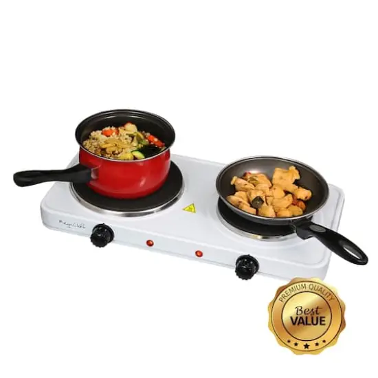MegaChef Sleek White Electric Portable Lightweight Dual Burner Cooktop Buffet Range {1}