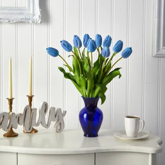 22" Light Blue Dutch Tulip Arrangement in Blue Vase {4}