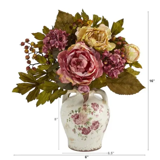 16'' Pink & Yellow Peony Arrangement in Flower Print Jar {3}