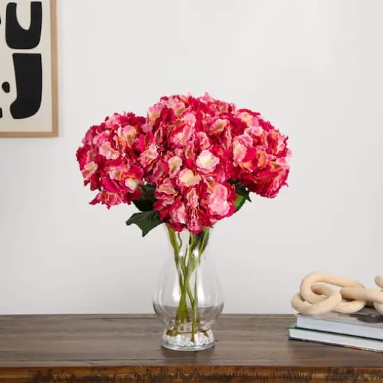 20" Pink Artificial Hydrangea Arrangement in Glass Vase {4}