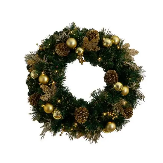 24in. Pre-Lit Artificial Golden Frosted Christmas Wreath with 50 Warm White LED Lights Pinecones, Berries and Ornaments {1}