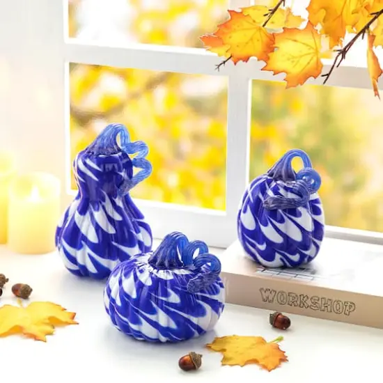 Glitzhome&reg; Blue and White Glass Pumpkin & Gourd Set {3}