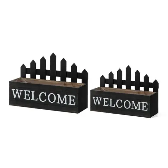 Glitzhome&reg; Black Wood WELCOME Fence-Inspired Planter Stand Set {1}
