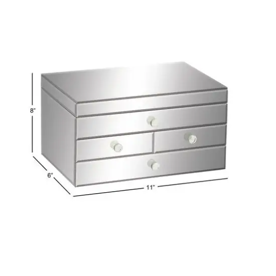 Silver Mirror and Wood Glam Jewelry Box, 6" x 11" x 9" {6}