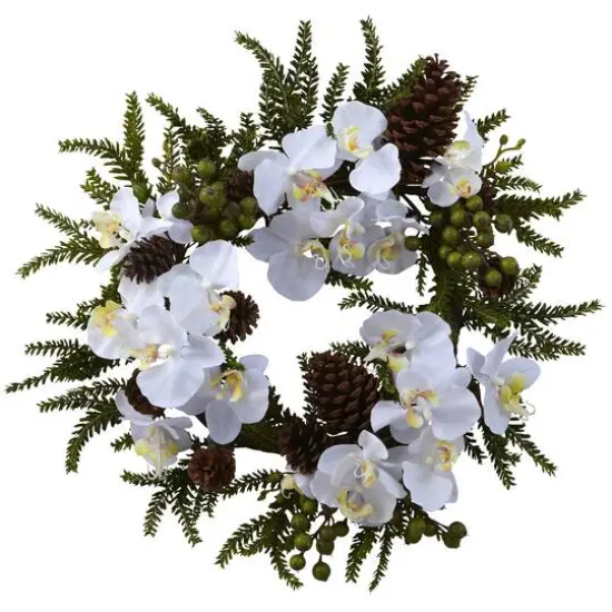 22" White Orchid & Pine Wreath {1}