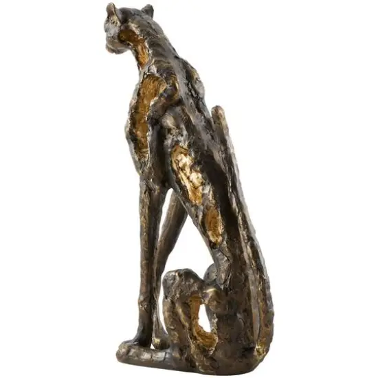 19" Bronze Polystone Distressed Textured Sitting Leopard Sculpture with Cutouts & Gold Accents {6}
