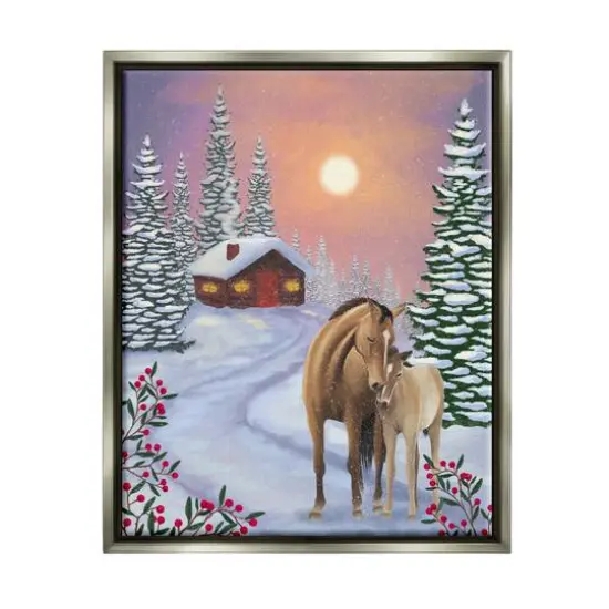 Stupell Industries Holiday Horses Winter Scene Framed Floater Canvas Wall Art Gray {1}