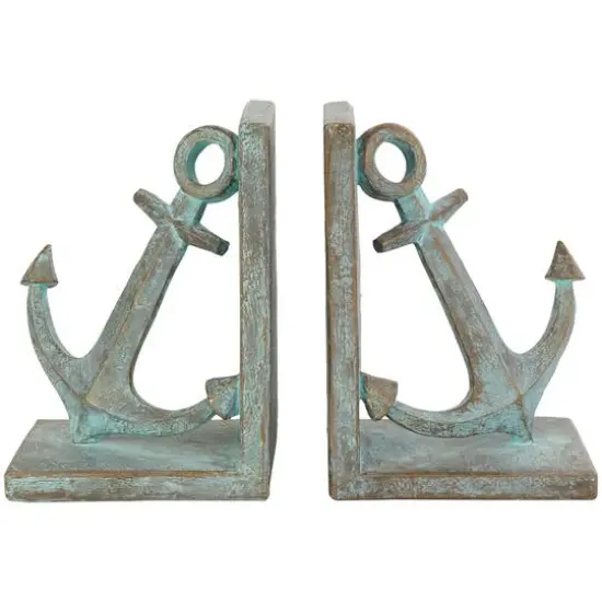 8.5" Blue Polystone Anchor Distressed Patina Bookends with Gold Foil Accents Set {1}