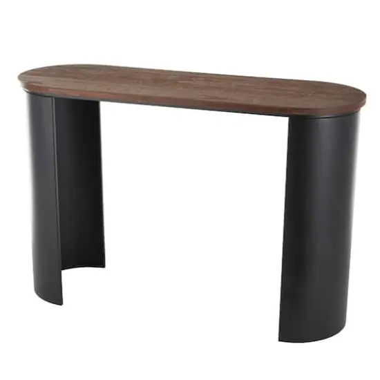 47.25" Black Wood Curved Crescent Living Room Console Table with Brown Wood Oval Tabletop {7}