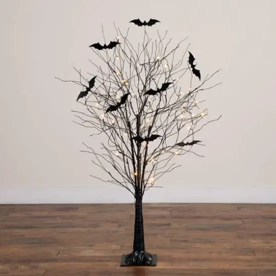 5ft. Pre-Lit Artificial Halloween Black Twig Tree with Bats and 50 Warm White LED Lights {11}