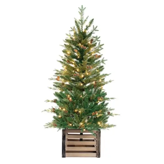 4ft. Pre-Lit Asheville Fir Artificial Christmas Tree with Wooden Crate Base, Clear Lights {1}