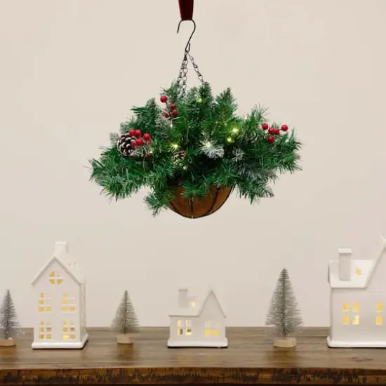 16" Artificial Pine & Berry Warm White LED Pre-Lit Hanging Basket {8}