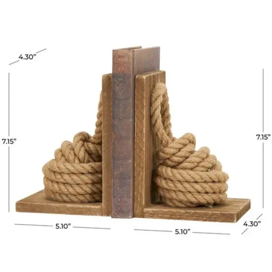 7" Brown Wood Knot Rope Bookends with Distressed L-Shaped Stands Set {4}