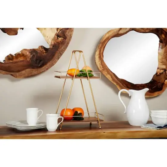 22" Brown Wood & Iron 2-Tier Tray Stand {7}