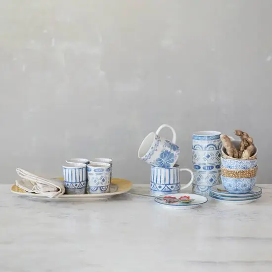 Hello Honey 12-Piece Stoneware Cup with Tile Pattern, Blue and White {3}