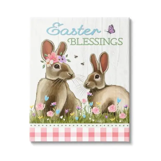 Stupell Industries Easter Blessings Gingham Spring Bunnies Canvas Wall Art {1}