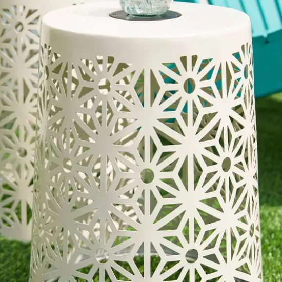 Glitzhome&reg; 17.5" Iron Geometric Pattern Solar Garden Stool Set White {7}