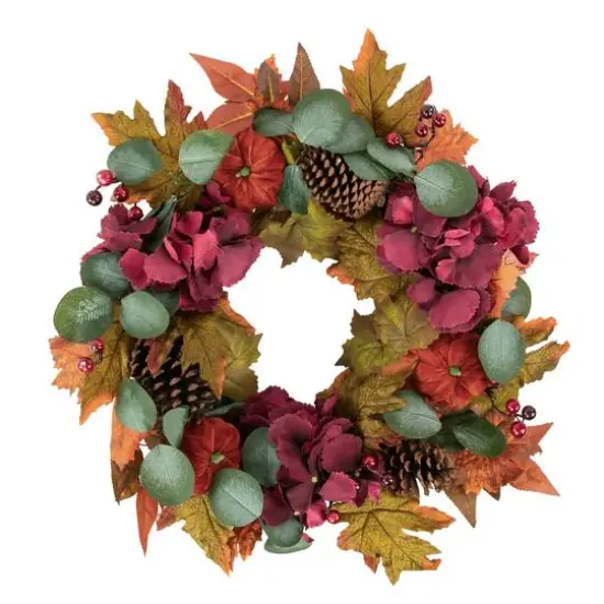 22" Orange & Burgundy Fall Harvest Artificial Floral & Pinecone Wreath {1}