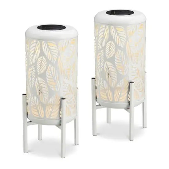 Glitzhome&reg; 14.25" White Metal Cutout Leaves Pattern Solar Powered LED Outdoor Lanterns, 2ct. {1}