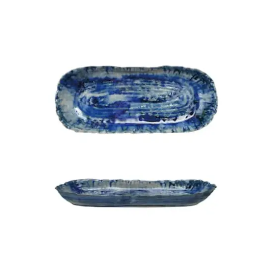 Hello Honey Stoneware Organic Shaped Platter with Reactive Crackle Glaze, Blue, Set of 2 {1}
