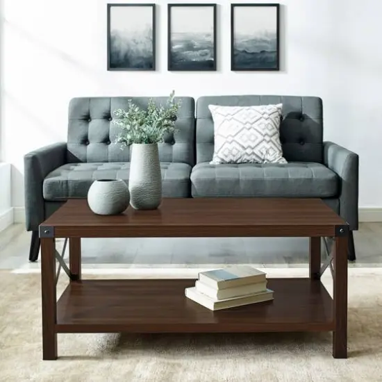 Dark Walnut Metal X Rustic Wood Coffee Table {5}