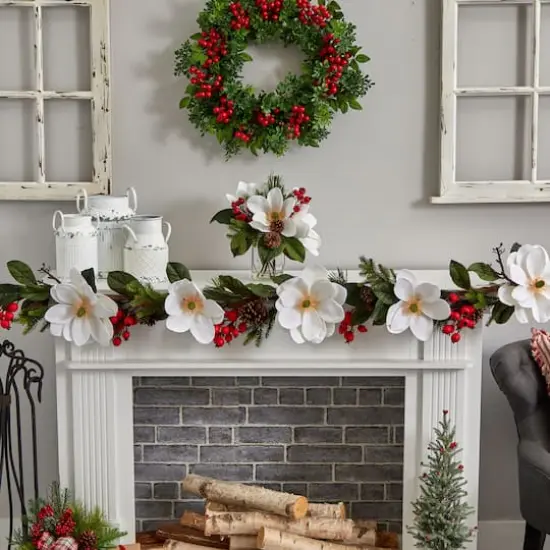 12" Magnolia, Pine & Berry Arrangement in Glass Vase {6}