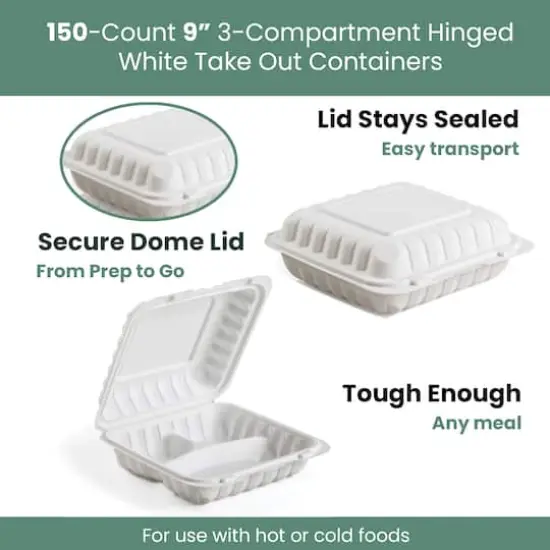 9" White 3-Compartment Clamshell Take Out Containers, 150ct. {10}