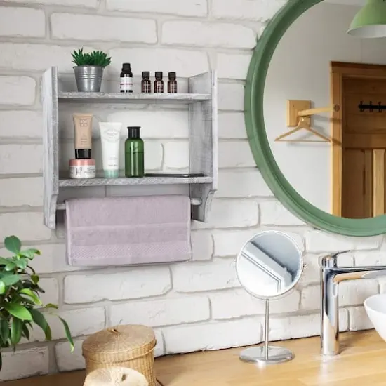 2-Tier Wood Wall Mounted Bathroom Shelf with Towel Rack Rustic Gray {9}