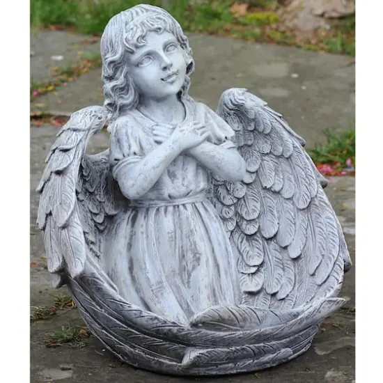 16" Gray Angel Child Wrapped in Wings Outdoor Bird Bath {4}