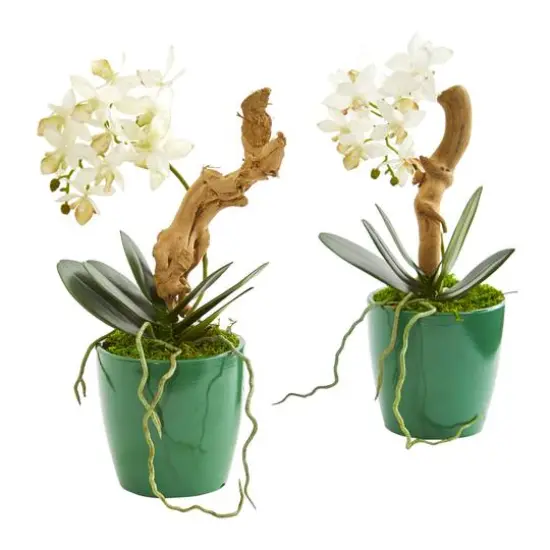 Mini Phalaenopsis Orchid Artificial Arrangement in Green Planter (Set of 2) {1}
