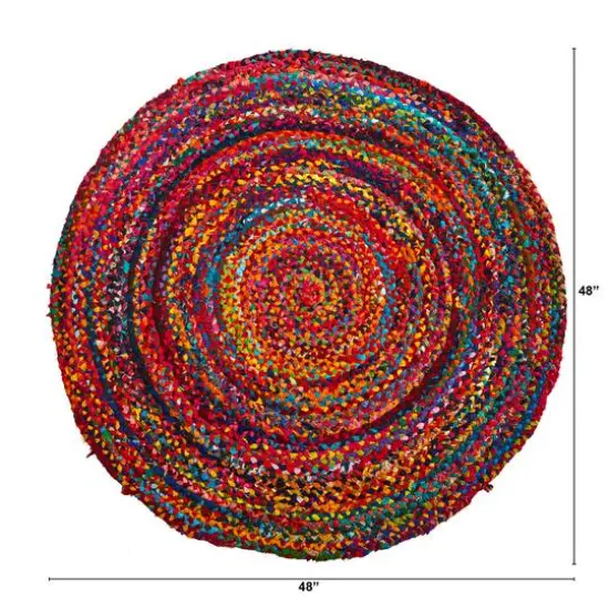 4ft. x 4ft. Hand Braided Boho Colorful Chindi Round Rug {3}
