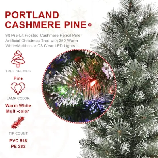 Glitzhome&reg; 9ft Pre-Lit Frosted Cashmere Pencil Pine Artificial Christmas Tree, Multicolor LED Lights {7}