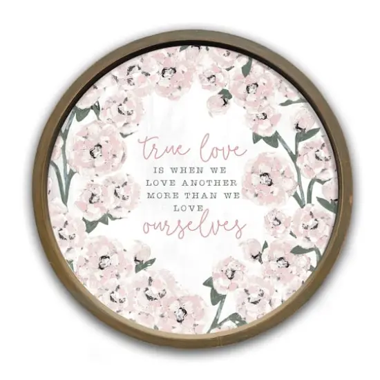 True Love Pink Florals Round Brown Framed Print {1}